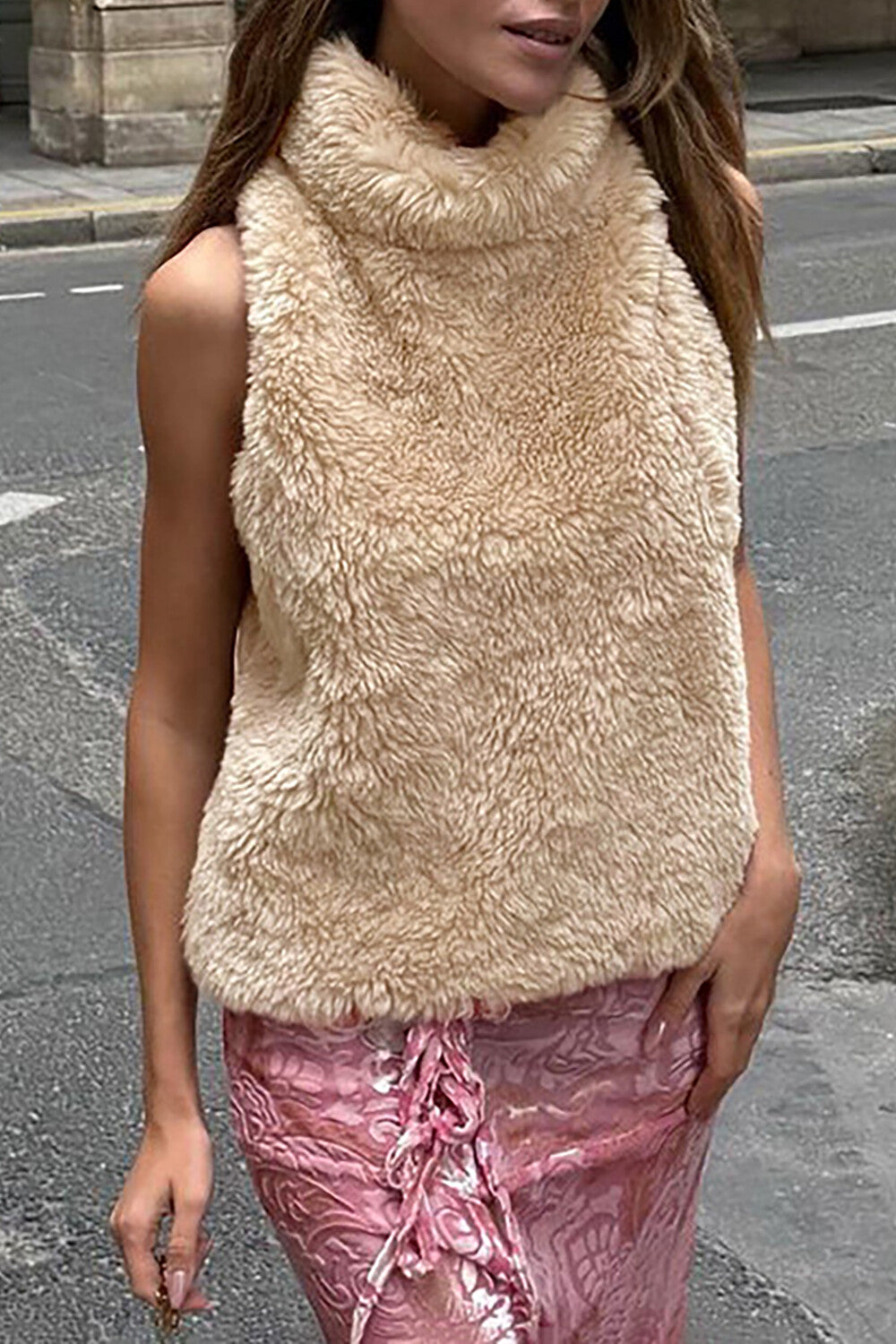 Furry Turtleneck Sleeveless Solid Color Casual Vest-Beige
