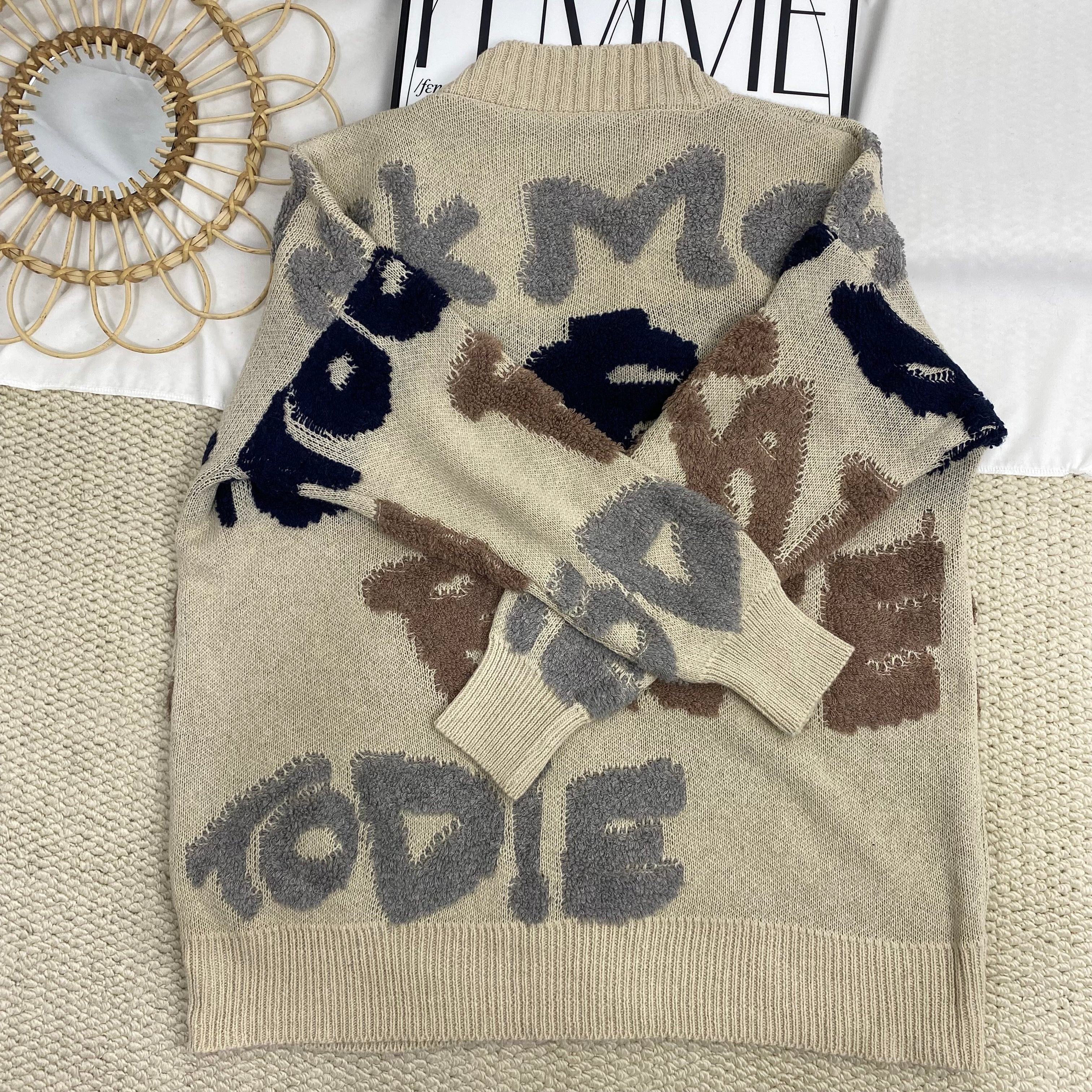 Letter Jacquard Cardigan Sweater