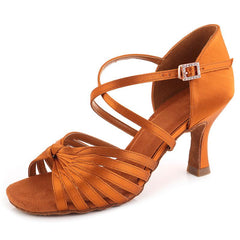 Women's Brown Satin Customized Heel Strappy Ballroom Dance Shoes Latin Dance Shoes