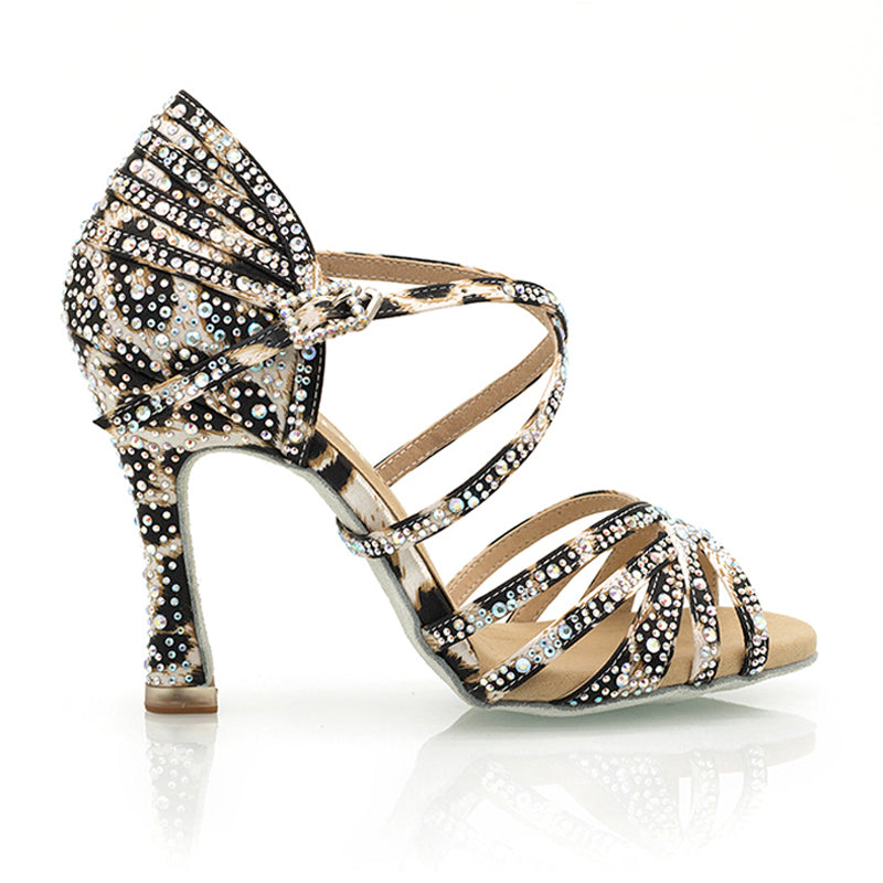 Women's Leopard 9cm Heel Strappy Satin Rhinestones Sandal Latin Dance Shoes