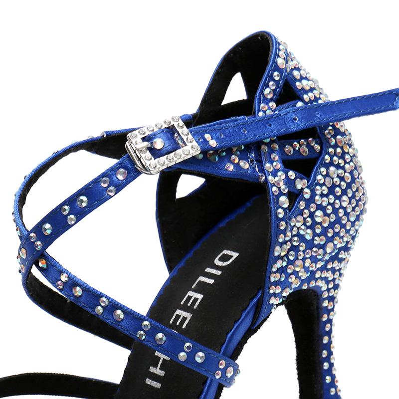 Women's Blue Black Satin & Rhinestones Sandal Customized Heel Latin Dance Heels