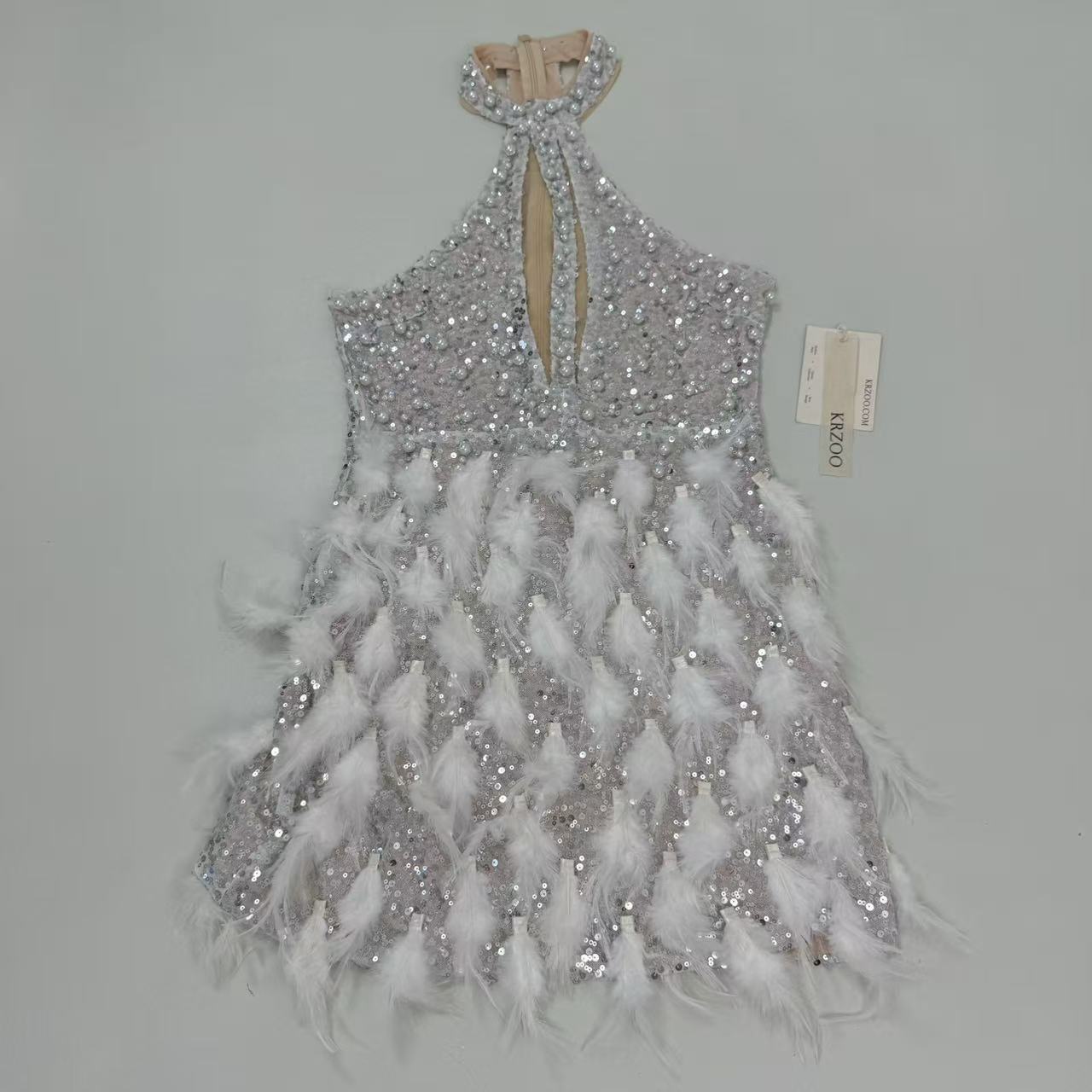 Backless pearl rhinestone feather dress