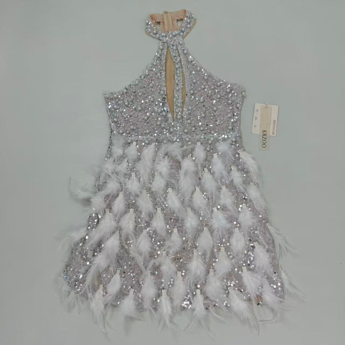 Backless pearl rhinestone feather dress