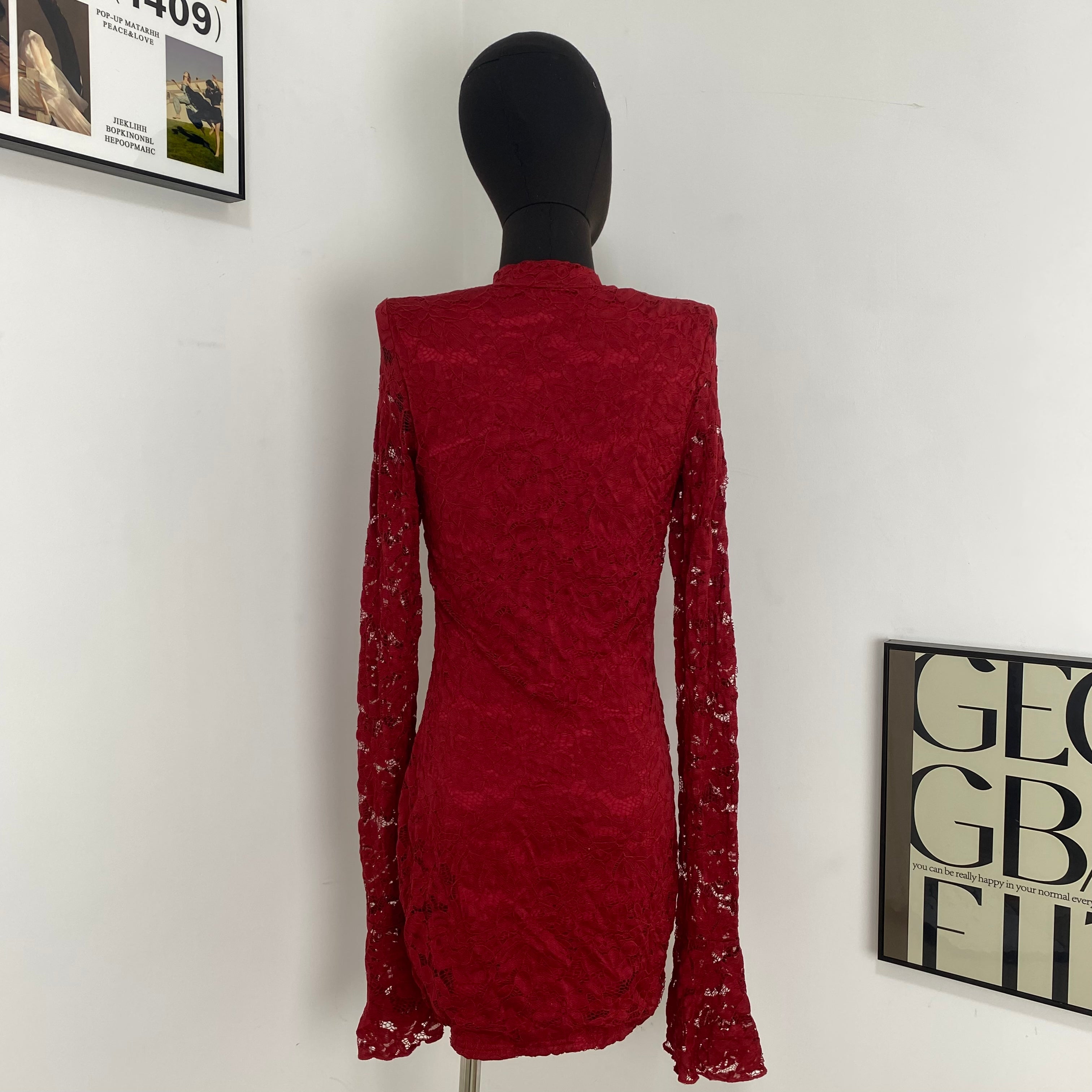 Jacquard Lace Flared Sleeve Dress