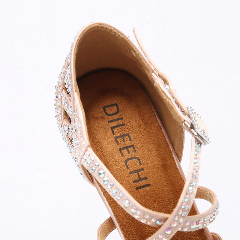 Women's Pink Customized Heel Satin Rhinestones Strappy Dance Shoes
