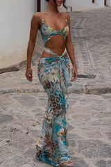 Leopard Floral Print Cutout Ruffled Halter Maxi Dresses Blue