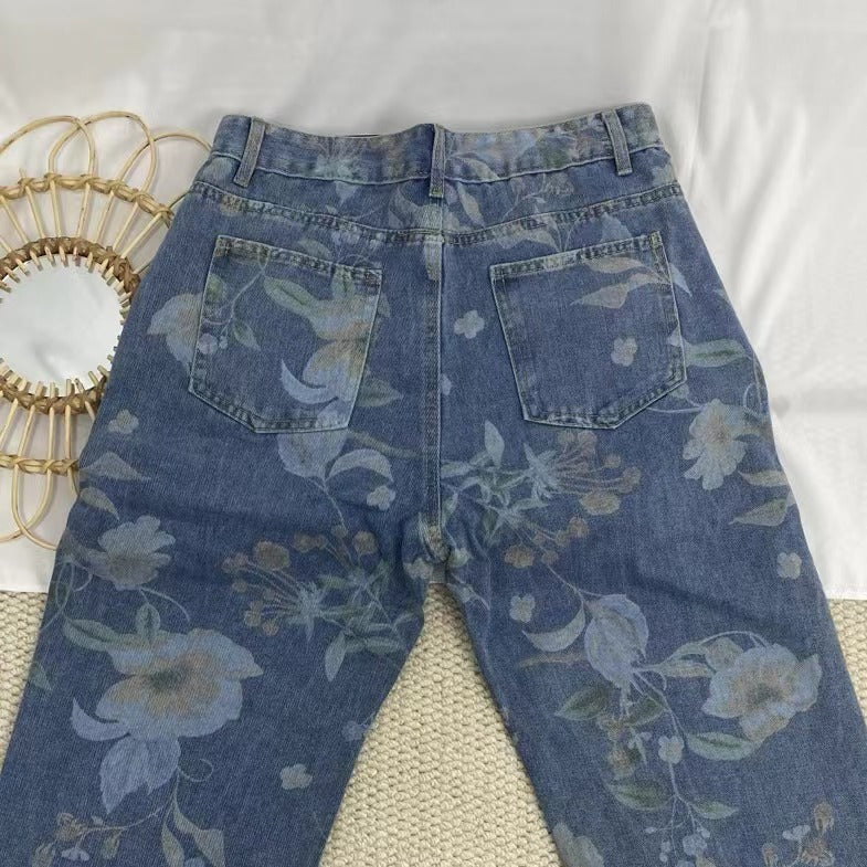 All-Over Floral Wide-Leg Jeans