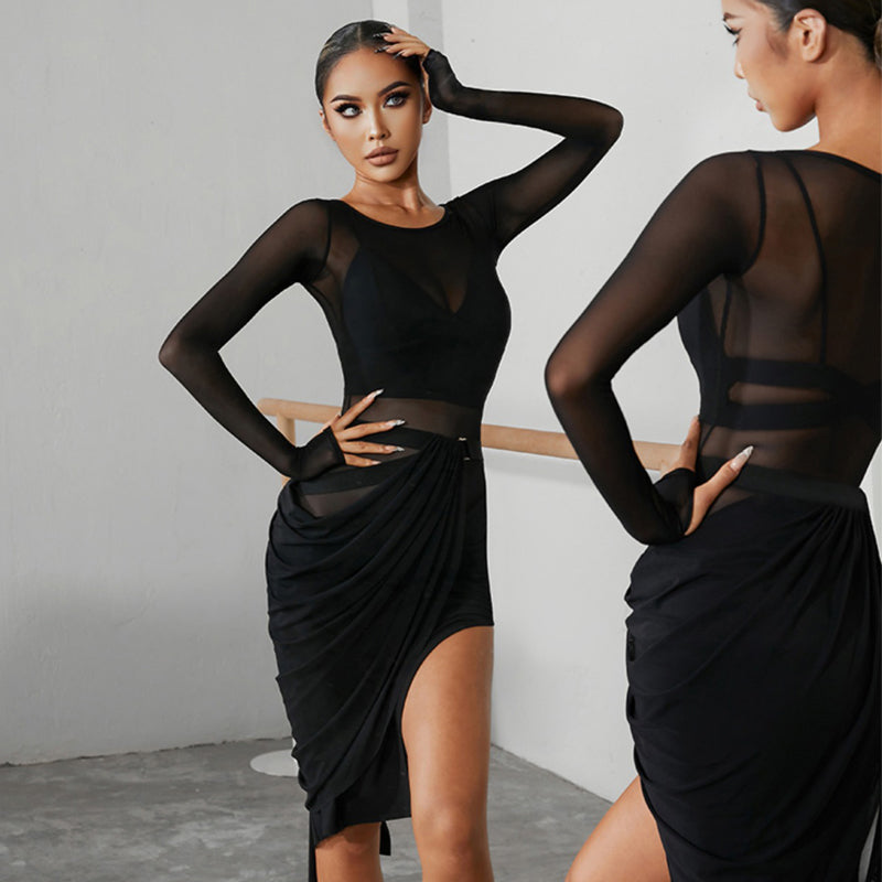 Women's Chinlon Splicing Latin Dance Dress Dance Wear Training Performance Dress