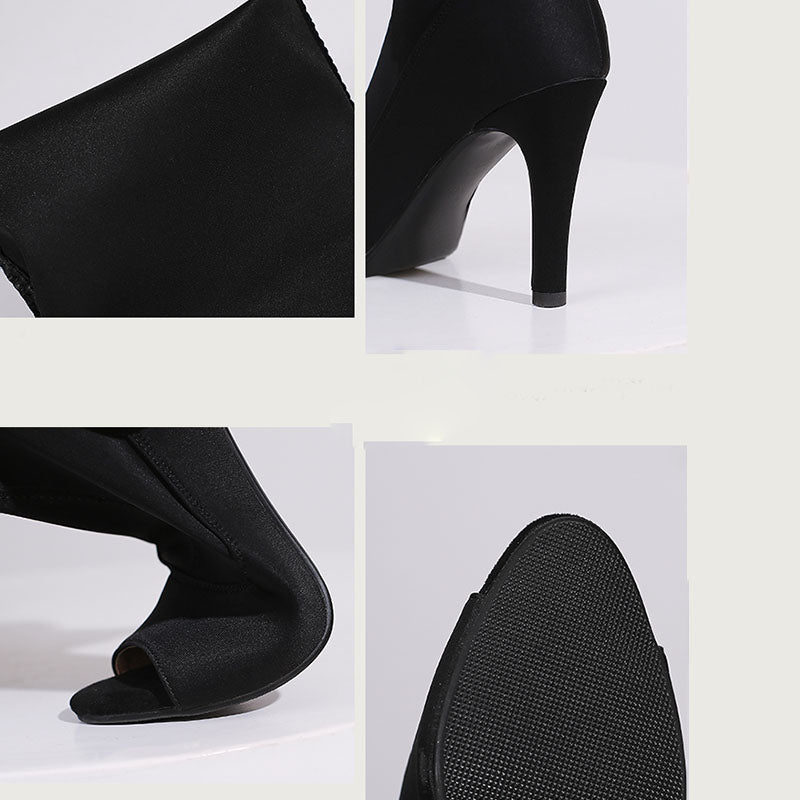 Women's 7cm/9cm Heel Stretch fabric JazShoes Rubber Sole Open Toe Dance Heels Boot