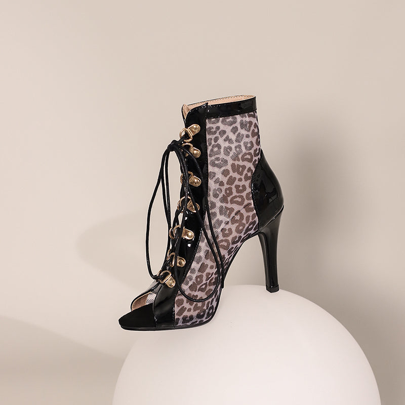 Women's 9cm Leopard Print Rubber Sole Leatherette JazShoes Dance Heels Boot
