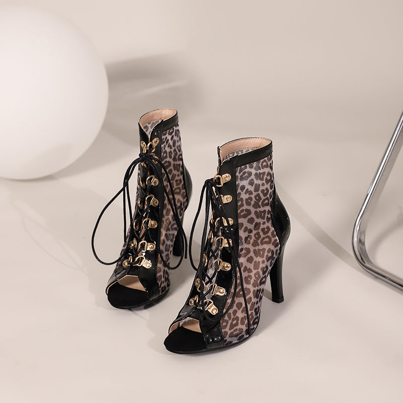 Women's 9cm Leopard Print Rubber Sole Leatherette JazShoes Dance Heels Boot