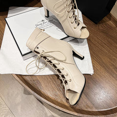Women's 7.5cm/10cm Slim Heel Leatherette Rubber Sole Peep Toe Lace-up JazShoes Dance Boots