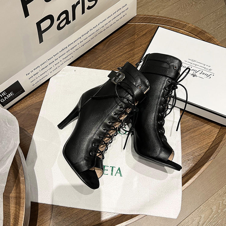 Women's 7.5cm/10cm Slim Heel Leatherette Rubber Sole Peep Toe Lace-up JazShoes Dance Boots