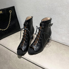 Women's 7.5cm/10cm Slim Heel Leatherette Rubber Sole Peep Toe Lace-up JazShoes Dance Boots