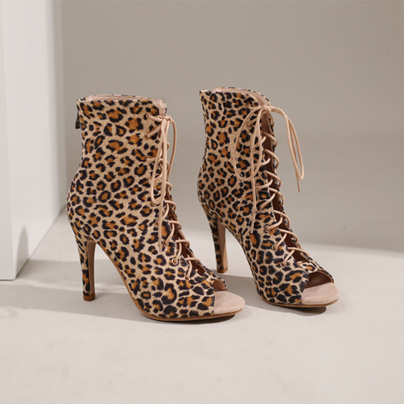 Women's 7cm/9cm Slim Heel Leopard Print Rubber Sole Leatherette JazShoes Dance Heels Boots
