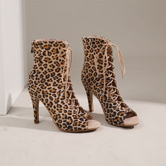 Women's 7cm/9cm Slim Heel Leopard Print Rubber Sole Leatherette JazShoes Dance Heels Boots