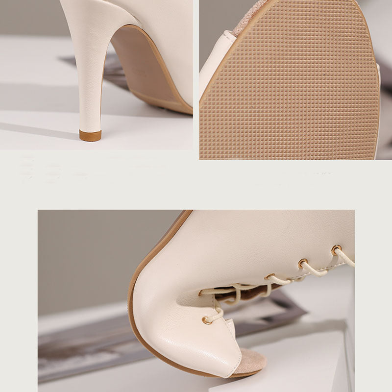 Women's Beige 7cm Slim Heel Rubber Sole Leatherette JazShoes Lace-up Dance Heels Boots