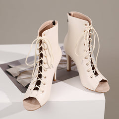 Women's Beige 7cm Slim Heel Rubber Sole Leatherette JazShoes Lace-up Dance Heels Boots