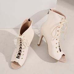 Women's Beige 7cm Slim Heel Rubber Sole Leatherette JazShoes Lace-up Dance Heels Boots