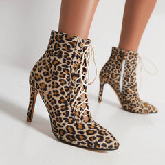 Women's 9cm Heel Rubber Sole Leopard Print Leatherette JazShoes Lace-up Closed Toe Dance Heels Boots