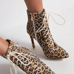 Women's 9cm Heel Rubber Sole Leopard Print Leatherette JazShoes Lace-up Closed Toe Dance Heels Boots