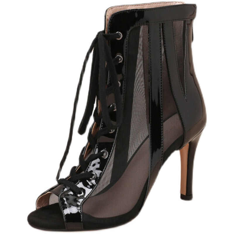 Women's Black 8.5cm Slime Heel Rubber Sole Mesh JazShoes Lace-up Open Toe Dance Heels Boots