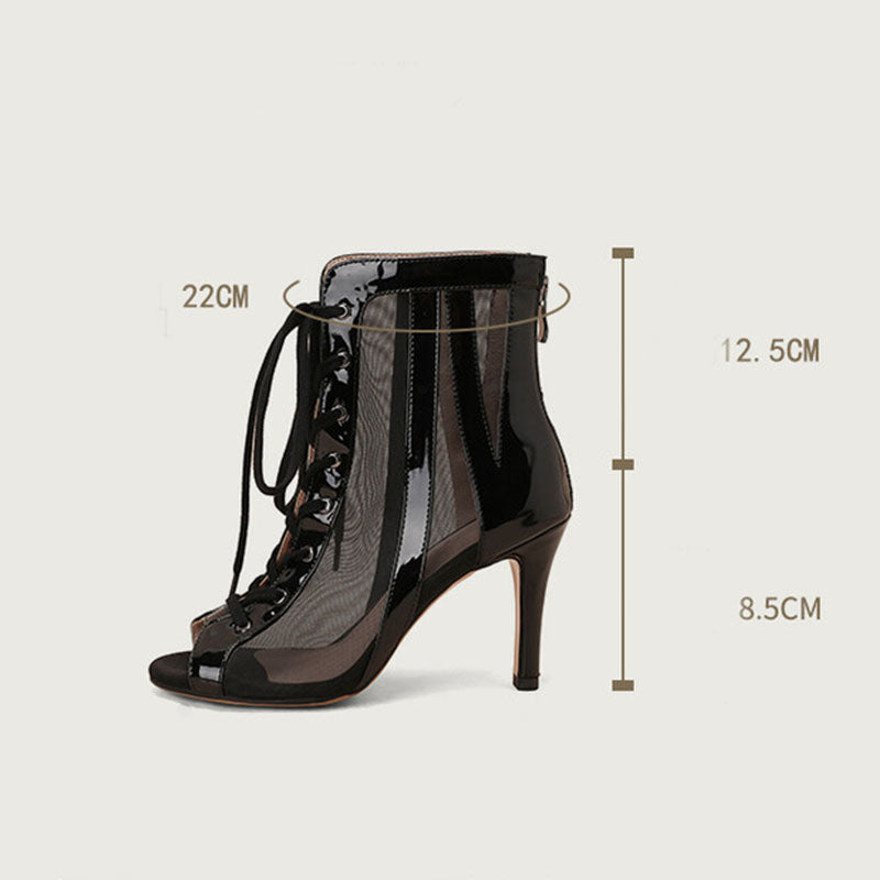 Women's Black 8.5cm Slime Heel Rubber Sole Mesh JazShoes Lace-up Open Toe Dance Heels Boots