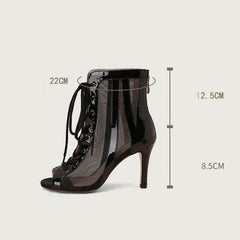 Women's Black 8.5cm Slime Heel Rubber Sole Mesh JazShoes Lace-up Open Toe Dance Heels Boots