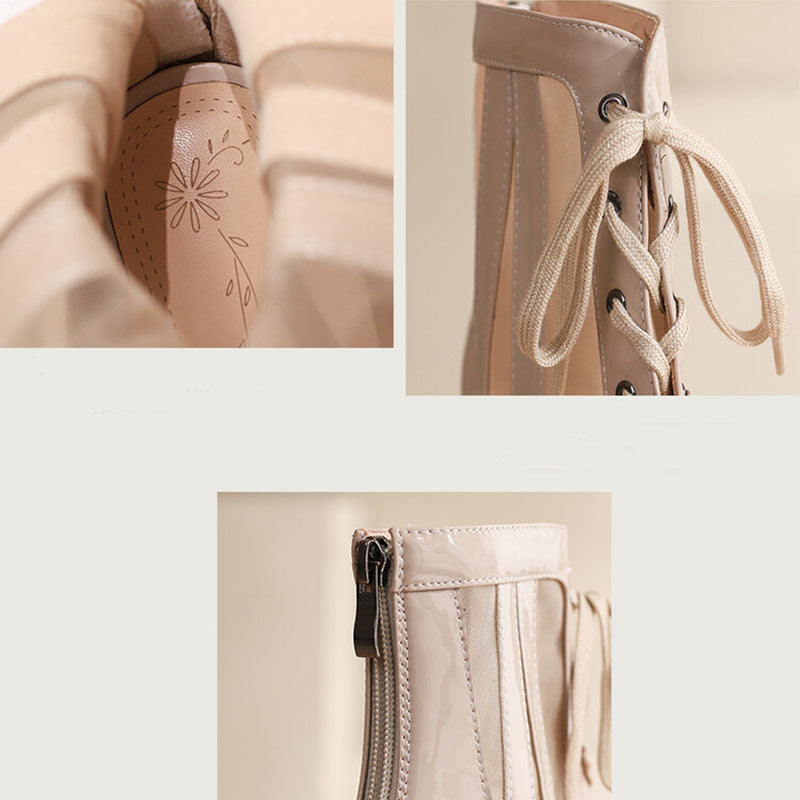 Women's Apricot 8.5cm Slime Heel Rubber Sole Mesh JazShoes Lace-up Open Toe Dance Heels Boots