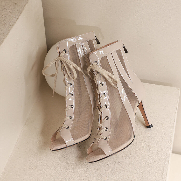Women's Apricot 8.5cm Slime Heel Rubber Sole Mesh JazShoes Lace-up Open Toe Dance Heels Boots