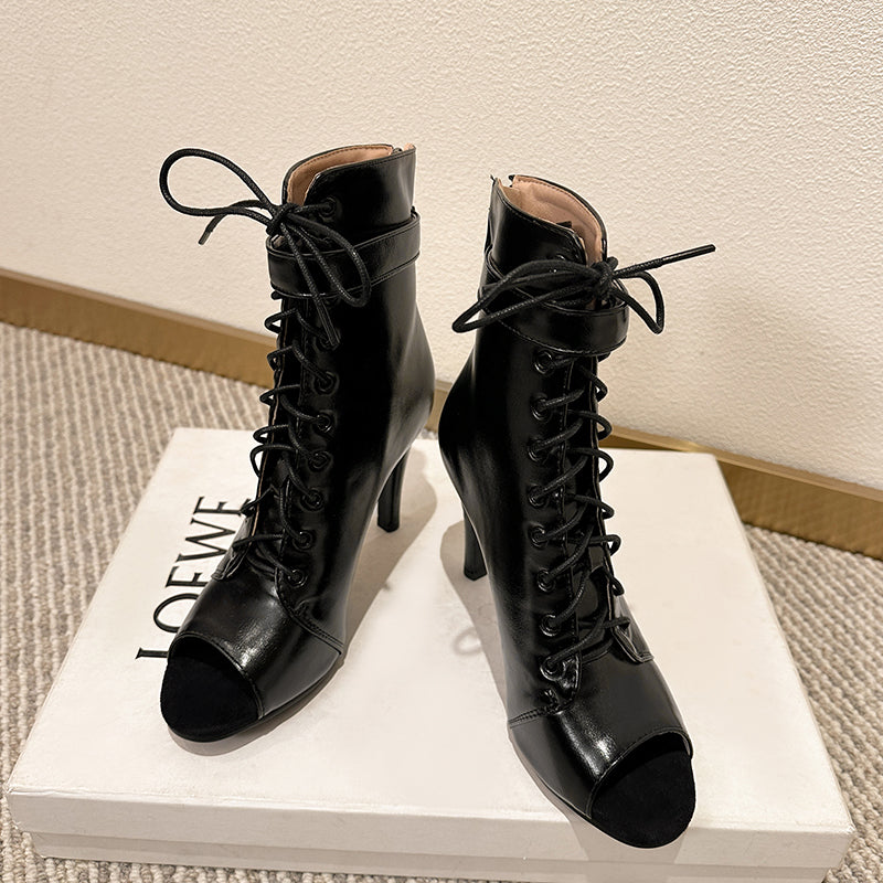 Women's Black 7cm/9cm Heel Rubber Sole Leatherette JazShoes Open Toe Dance Heels Boots