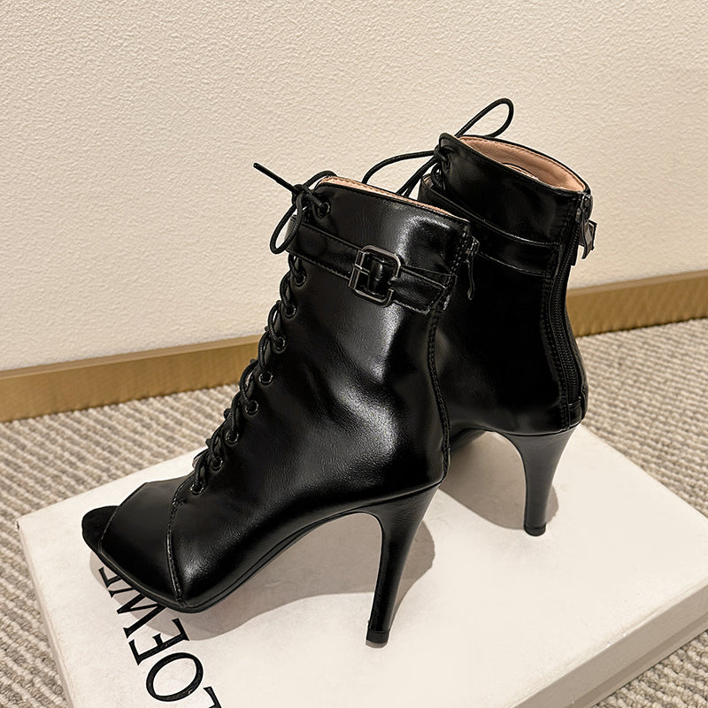 Women's Black 7cm/9cm Heel Rubber Sole Leatherette JazShoes Open Toe Dance Heels Boots