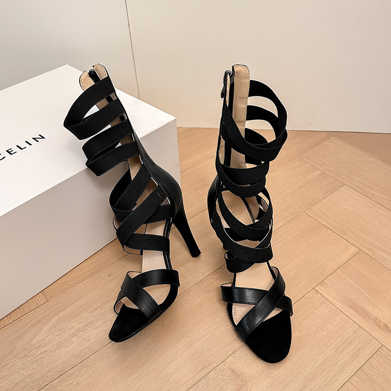 Women's Black 7cm/9cm Slim Heel Rubber Sole Stretch Fabric JazShoes Hollow-out Dance Heels Boots