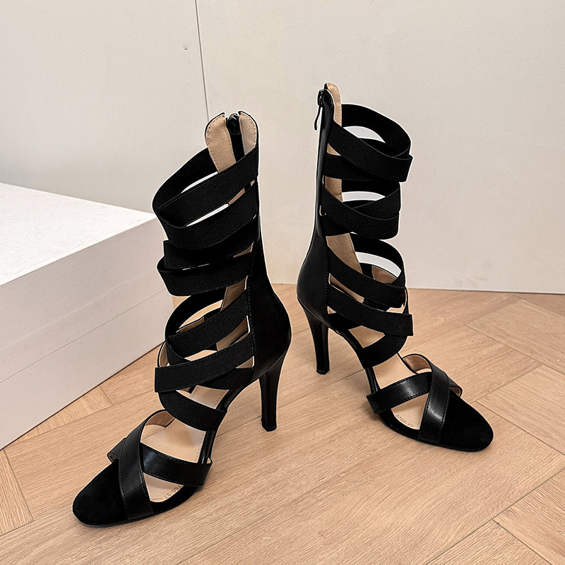 Women's Black 7cm/9cm Slim Heel Rubber Sole Stretch Fabric JazShoes Hollow-out Dance Heels Boots