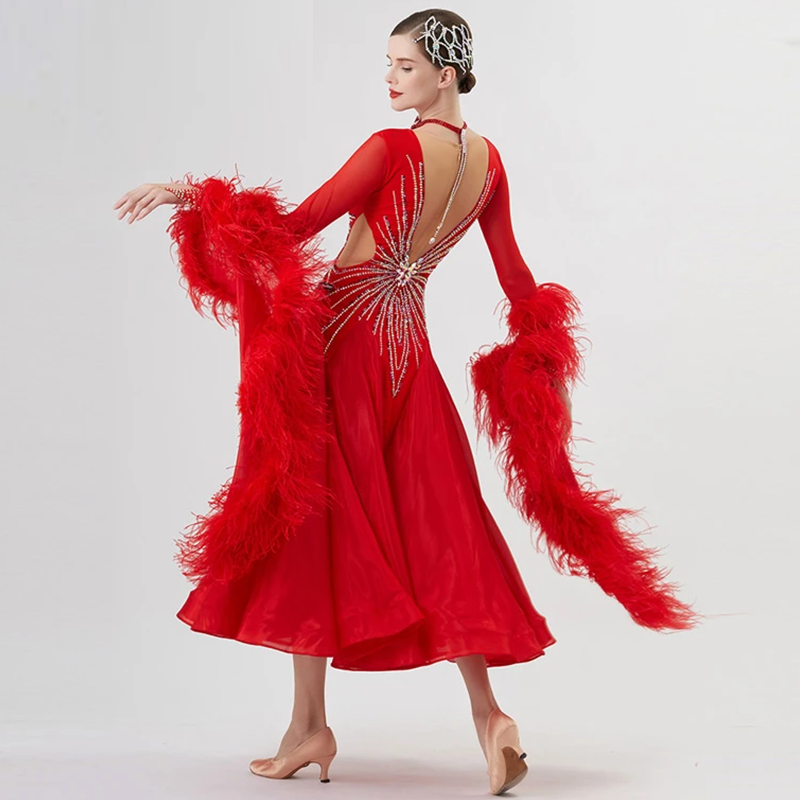 YUN Customisable-Women's Long Sleeve Mesh Round Neck DiamonDress For Ballroom Dancing Smooth Dress