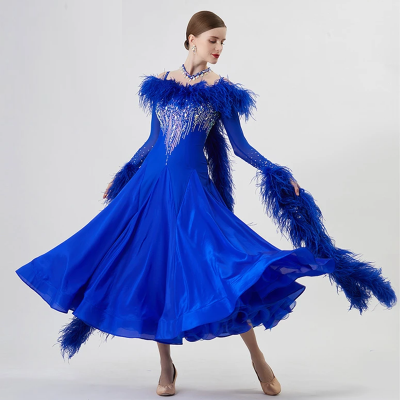 YUN Customisable-Women's Long Sleeve Backless DiamonWaltModern Ballroom Dance Dress Competition Dresses (With Necklace)