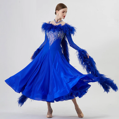 YUN Customisable-Women's Long Sleeve Backless DiamonWaltModern Ballroom Dance Dress Competition Dresses (With Necklace)