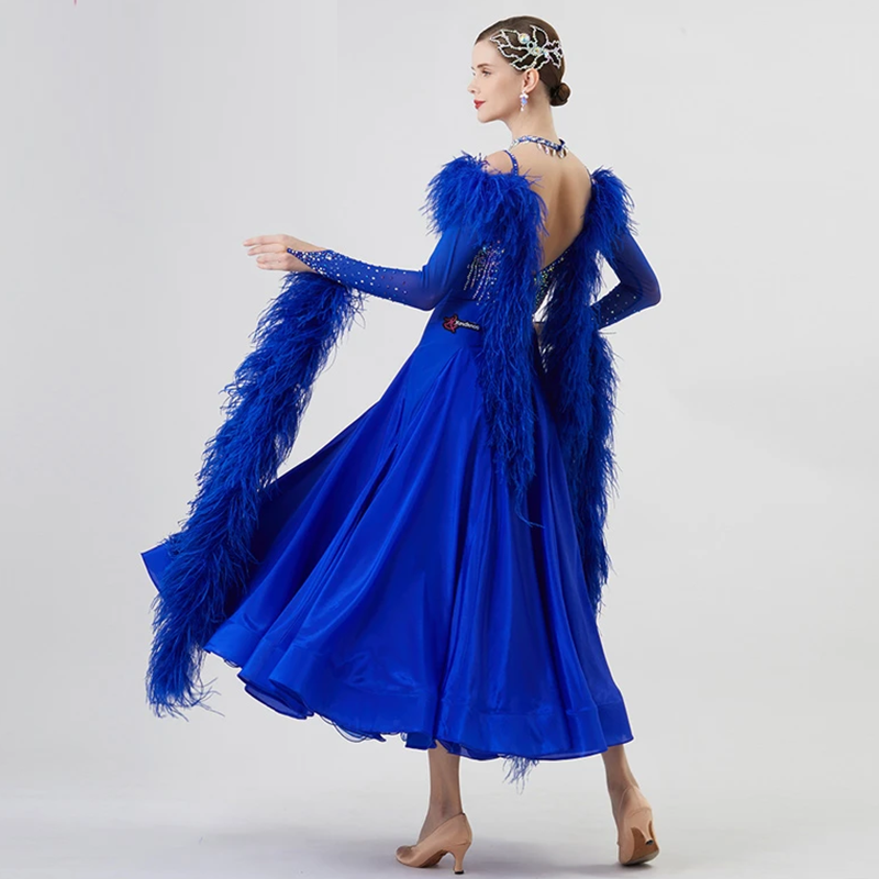 YUN Customisable-Women's Long Sleeve Backless DiamonWaltModern Ballroom Dance Dress Competition Dresses (With Necklace)