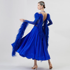 YUN Customisable-Women's Long Sleeve Backless DiamonWaltModern Ballroom Dance Dress Competition Dresses (With Necklace)