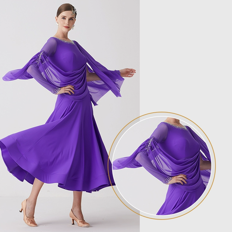 YUN Customisable-Women's Long Sleeve Mesh Round Neck DiamonWaltModern Ballroom Dance Dress Competition Dresses