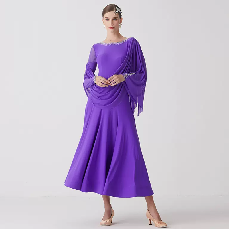 YUN Customisable-Women's Long Sleeve Mesh Round Neck DiamonWaltModern Ballroom Dance Dress Competition Dresses