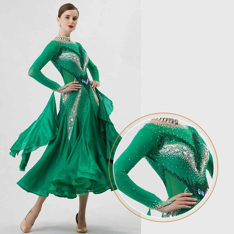 YUN Customisable-Women's Long Sleeve Backless Round Neck DiamonDress For Ballroom Dancing Smooth Dress