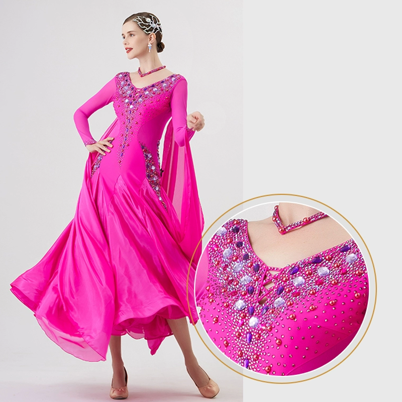 YUN Customisable-Women's Long Sleeve Backless VNeck DiamonDress For Ballroom Dancing Smooth Dress