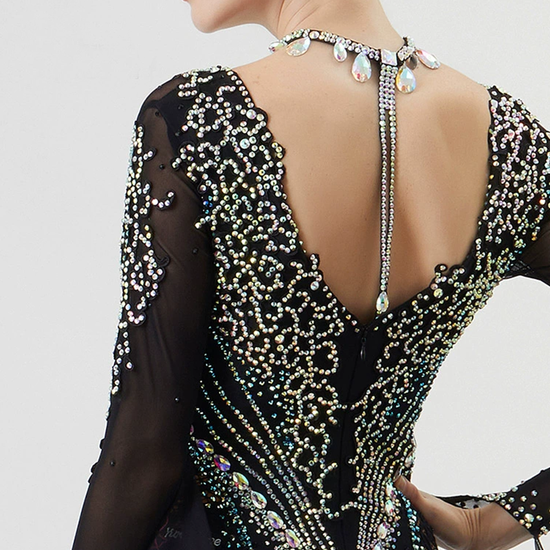 YUN Customisable-Women's Long Sleeve VNeck Backless DiamonDress For Ballroom Dancing Smooth Dress