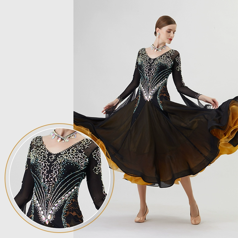 YUN Customisable-Women's Long Sleeve VNeck Backless DiamonDress For Ballroom Dancing Smooth Dress