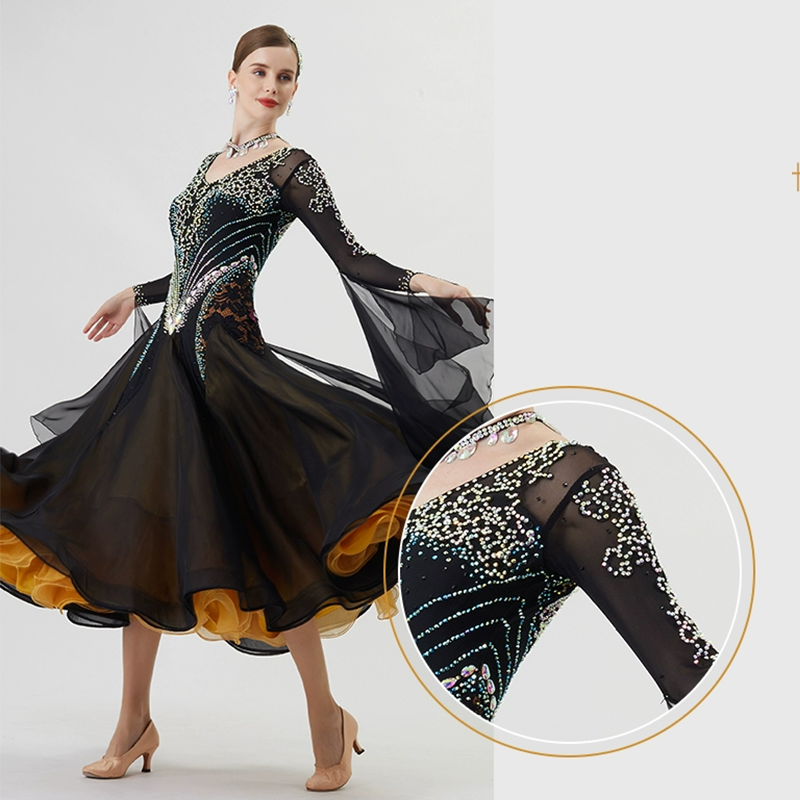 YUN Customisable-Women's Long Sleeve VNeck Backless DiamonDress For Ballroom Dancing Smooth Dress