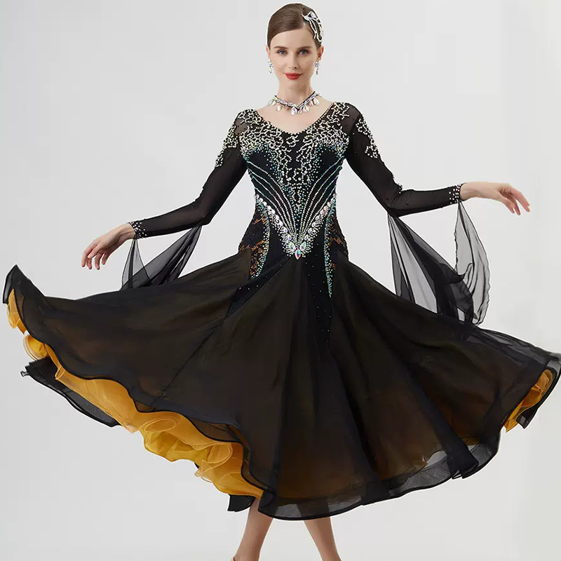 YUN Customisable-Women's Long Sleeve VNeck Backless DiamonDress For Ballroom Dancing Smooth Dress