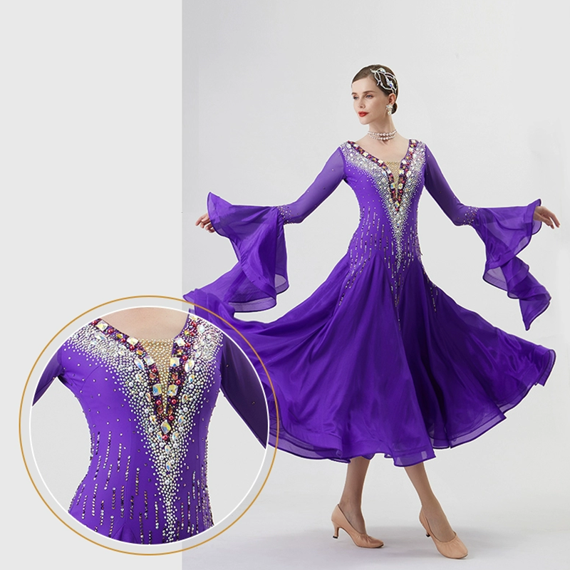 YUN Customisable-Women's Long Sleeve VNeck Backless DiamonDress For Ballroom Dancing Smooth Dress