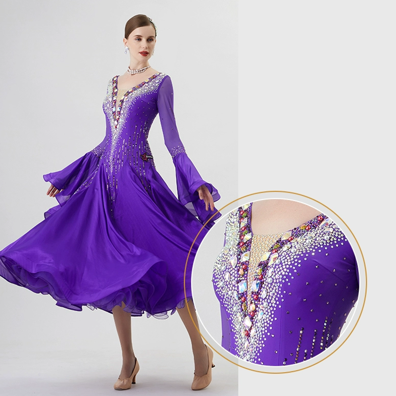YUN Customisable-Women's Long Sleeve VNeck Backless DiamonDress For Ballroom Dancing Smooth Dress