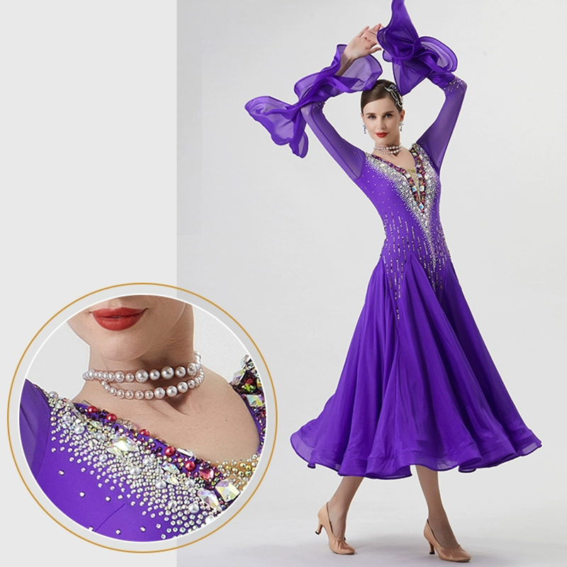 YUN Customisable-Women's Long Sleeve VNeck Backless DiamonDress For Ballroom Dancing Smooth Dress